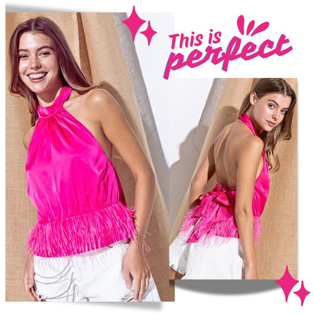 Faux Ostrich Feathered Hem Fuchsia Pink Satin Bow Back Sleeveless Blouse Halter